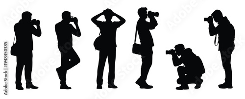 Photographer men silhouettes set, black vector illustration of male photographers with cameras in different shooting poses for media, journalism, and creative photography projects