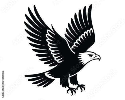 Eagle bird silhouette vector illustration, powerful flying raptor design in black style, ideal for logo, emblem, wildlife art, and modern graphic design projects