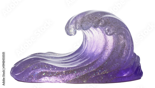 Canvastavla Decorative purple translucent wave sculpture, shimmering with glitter, isolated