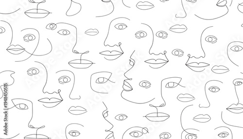 Faces abstract line art pattern with minimalist eyes and lips in continuous contour, showcasing diverse portrait features.