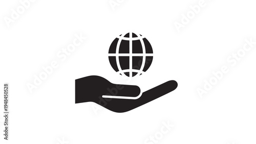 Globe icon with a hand underneath, symbolizing global care, support, and accessibility of worldwide services.