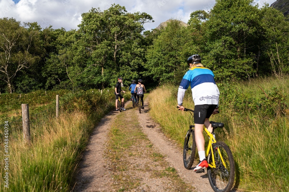 Fototapeta premium Cyclists exploring scenic nature trail.