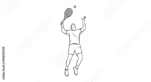A minimalist line drawing depicts a tennis player preparing to serve
