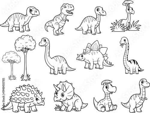 Cute Dinosaur Collection Line Art – Kids Coloring Page Cartoon Dino Vector Set