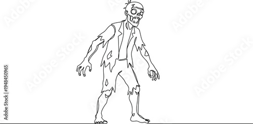 Single line illustration of a zombie walking on a transparent background with a creepy vibe, showcasing tattered clothes and a menacing posture for Halloween themes