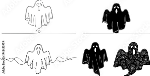 Single line illustration of a ghost floating above wavy lines on a transparent background, perfect for Halloween themes and spooky decorations and symbols.