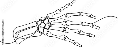 Single line illustration of a skeleton hand reaching out on a transparent background, detailed view highlighting bones and joints with a Halloween theme.