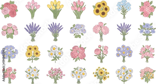 A delightful collection of hand-drawn floral bouquets showcasing a vibrant assortment of various blossoms, perfect for spring and summer-themed design projects and heartfelt greeting cards