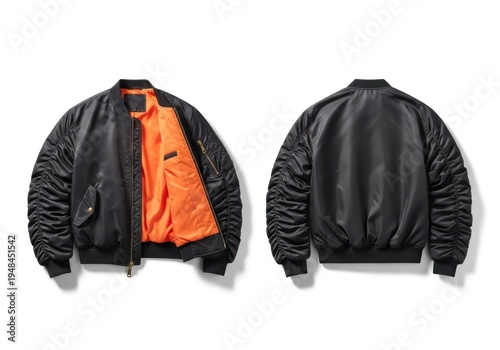 Black bomber jacket displayed with both front and back views against a clean white backdrop showcasing the details of the garment and the bright orange interior