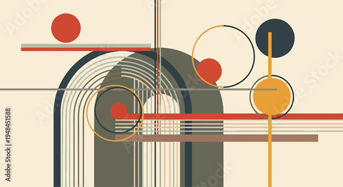 Abstract geometric composition with circles, arches, and lines in warm, muted colors, creating a modern and minimalist aesthetic