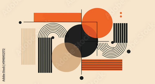 Geometric abstraction with circles, lines, and rectangles in warm tones, a minimalist composition showcasing modern design principles for graphic art and decor