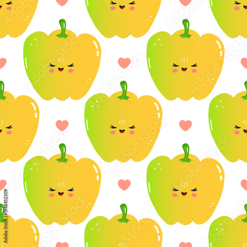 Seamless pattern with cute yellow bell pepper characters