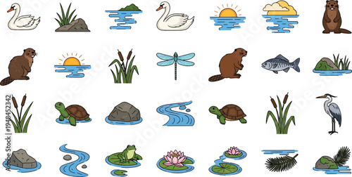 Vibrant vector icons illustrating diverse wetland life. Features aquatic animals, plants, and natural elements like rivers, sun, and rocks. Ideal for educational and environmental design