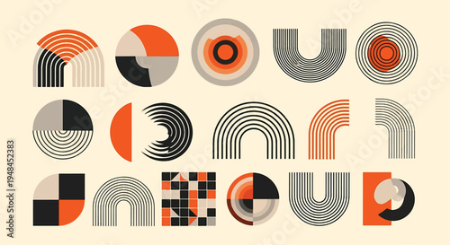 Modern abstract geometric forms, a retro-inspired design concept featuring arcs, circles, and squares. Perfect for contemporary graphic design, minimalist branding, and creative visual projects