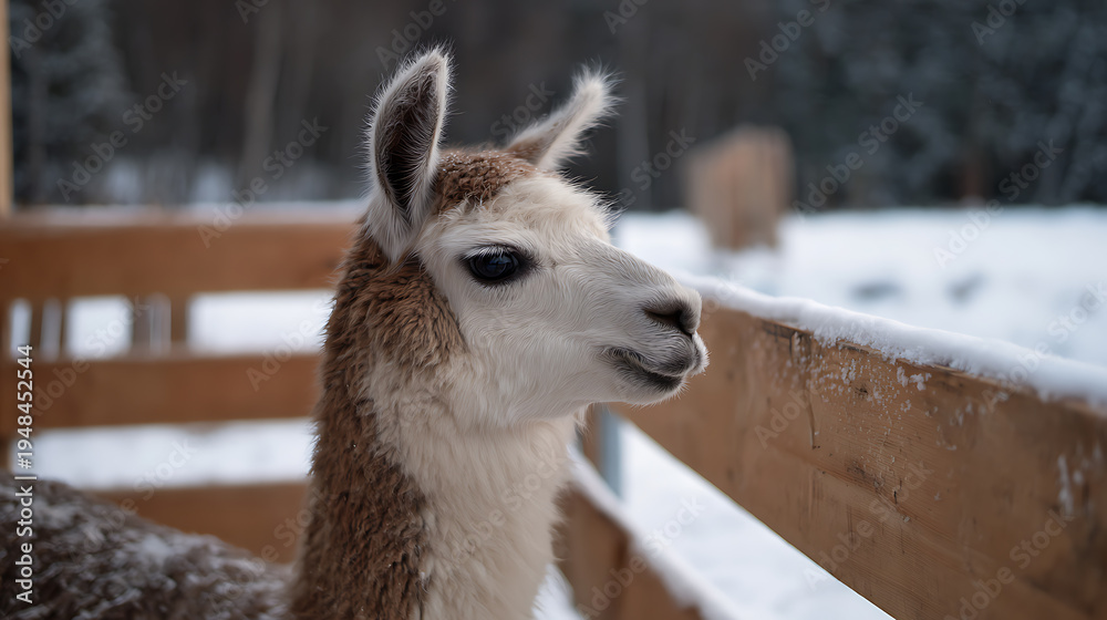 Naklejka premium Charming Alpaca in Snowy Enclosure Side Profile, White and Brown Fur, Animal Portrait, Winter Scene in Farm Sanctuary, Cute Alpaca View
