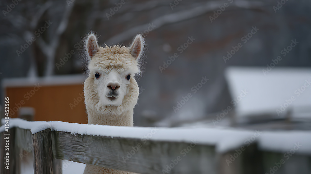 Naklejka premium Cute white alpaca with fluffy fur looking directly at camera over a snow-covered wooden fence in a winter outdoor setting on a cloudy day