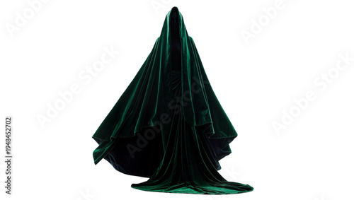 Photography Mysterious dark green velvet hooded figure, isolated on transparent background,