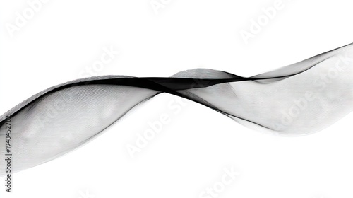 Smooth, translucent black ribbon flows dynamically across a bright white background.