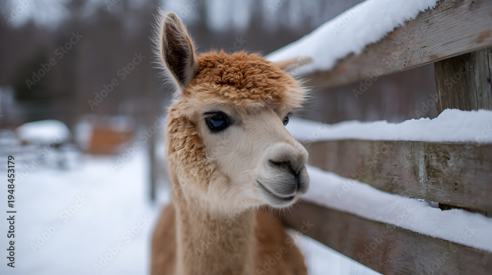 Naklejka premium Cute Alpaca with Warm Brown Fur Stands Peacefully Near a Snow-Covered Wooden Fence in a Winter Wonderland with Soft Bokeh Background