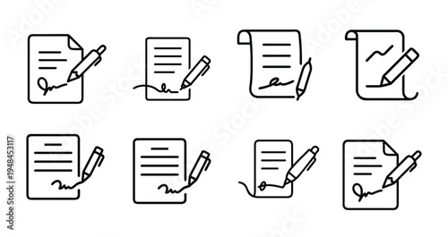 Document signing and contract agreement line icon set featuring paper and pen for business legal copyright and more vector illustration or editable stroke