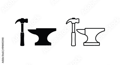 Black and white illustration of blacksmith tools hammers and anvils