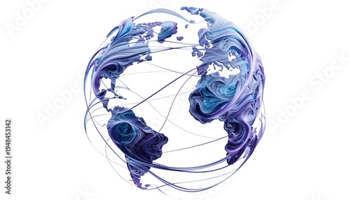 Abstract 3D Digital World Globe with Network Connections and Fluid Flowing Lines - Concept of Global Connectivity, AI Data