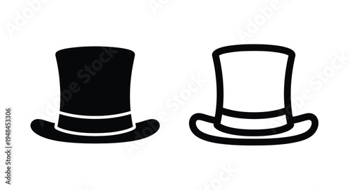 Two black silhouettes of classic top hats displayed side by side