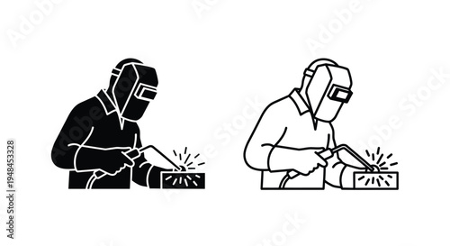 Welder at work two black and white line art depictions