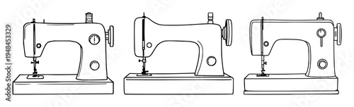 Sewing machine set with continuous line art drawing style featuring abstract and minimalist black linear sketch with tailor and atelier sign design