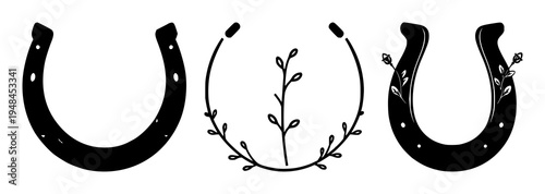 Horseshoe set with minimalist line art featuring leafy sprigs, small dots, black outlines with white background and monochrome palette