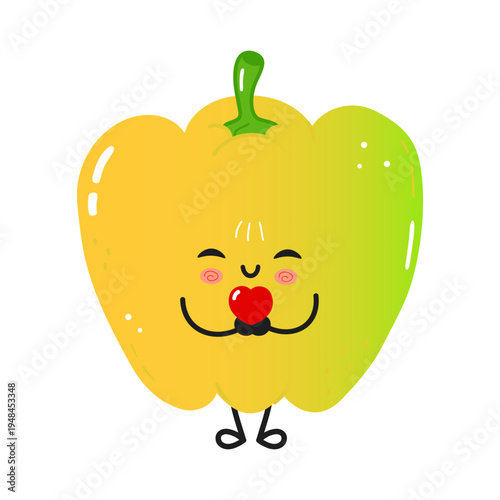 Yellow bell pepper character holding heart and smiling