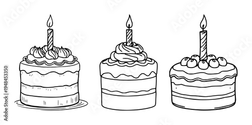 Birthday cake set with continuous line drawing and sweet cream frosting featuring continuous line drawing, birthday cake, sweet cream with candle and hand drawn vector illustration