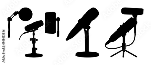 Broadcasting microphone set with a solid black silhouette on a sleek desktop stand featuring audio, recording, podcasting with sound and studio equipment