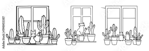Cactus set with continuous one line drawing of a cute cactus, cat, and watering can on a window sill featuring black and white, line art, illustration with plants and home decor