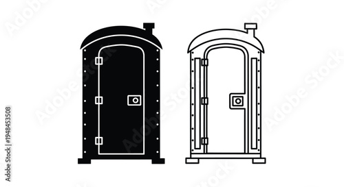 Two portable restrooms one solid black and one outlined in white
