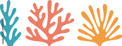 Abstract coral reef illustration set, colorful marine coral silhouettes, tropical ocean elements vector collection for underwater, beach, summer and sea life design