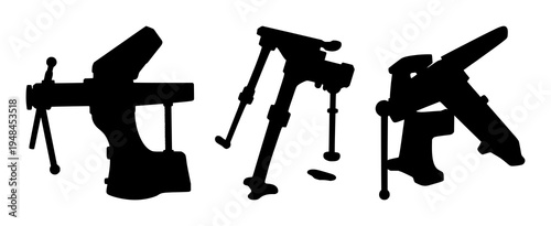 Blacksmith leg vise set with solid black silhouette on white background featuring blacksmith, industrial, mechanical with historical and trade