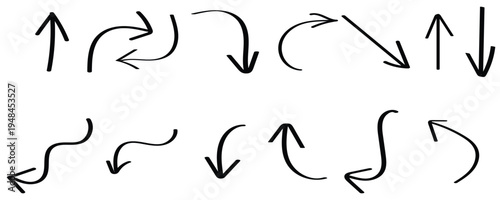 Collection of hand drawn black arrows and directional symbols isolated on a transparent background