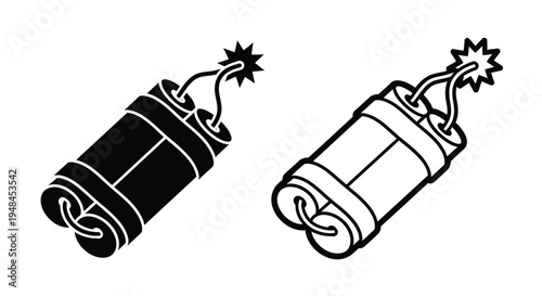Two dynamite sticks with lit fuses depicted in black and white