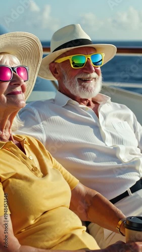 A happy elderly couple with coffee sitting on a cruise ship in summer