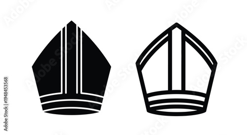 Two black and white depictions of traditional bishop s miters