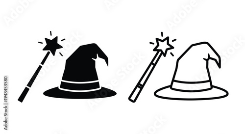 Two sets of wizard hats and magic wands in black and white