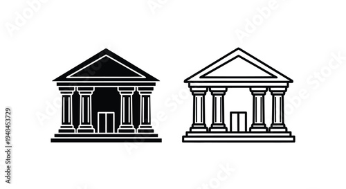 Two neoclassical building facades with columns presented in black and white