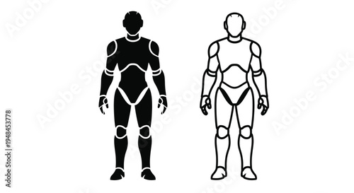 Two stylized humanoid figures in contrasting black and white tones