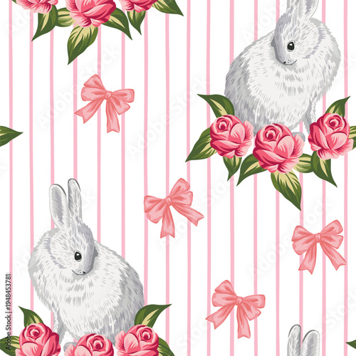 White rabbit, pink rose flower pattern. Spring wallpaper.