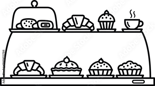 bakery display with muffins and coffee