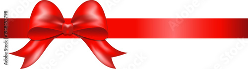 Horizontal classic red satin ribbon with a decorative bow tied on the left side against a plain white background. Vector graphic element, ideal for gift wrapping, holiday packaging, greeting cards