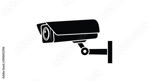 A black silhouette of a modern security camera on a white background