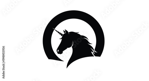 Black silhouette of a unicorn head within a circular frame