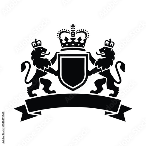 Royal coat of arms featuring two lions supporting a shield and crown